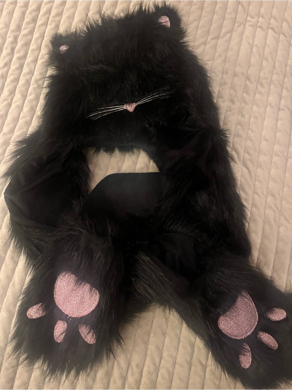 Black Faux Fur Cat 3-in-1 Hood/scarf/mittens with Pink Paw Accents